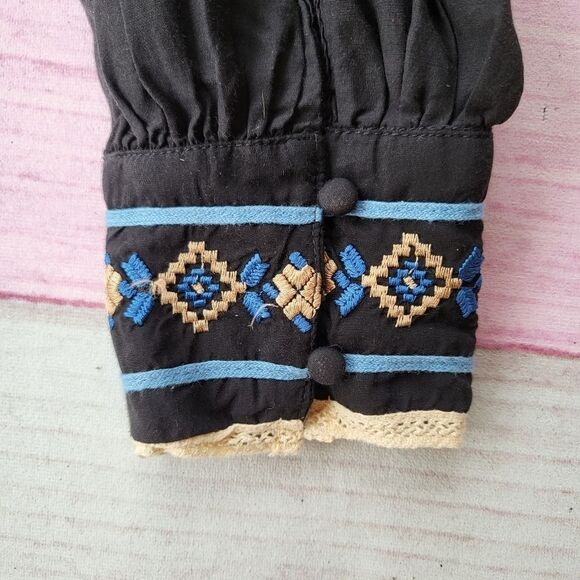 Zara Black Blue Contrast Embroidered Accents Long Sleeve Boho Peasant Blouse M - Picture 9 of 11
